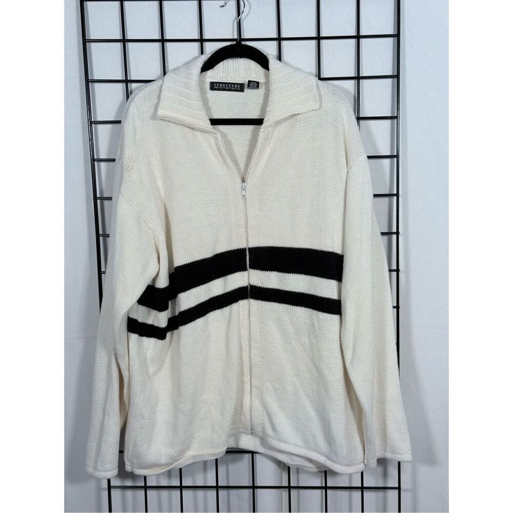 Vintage Structure Full Zip Varsity Cardigan Sweater  Mens XL Ivory Eclectic Gran